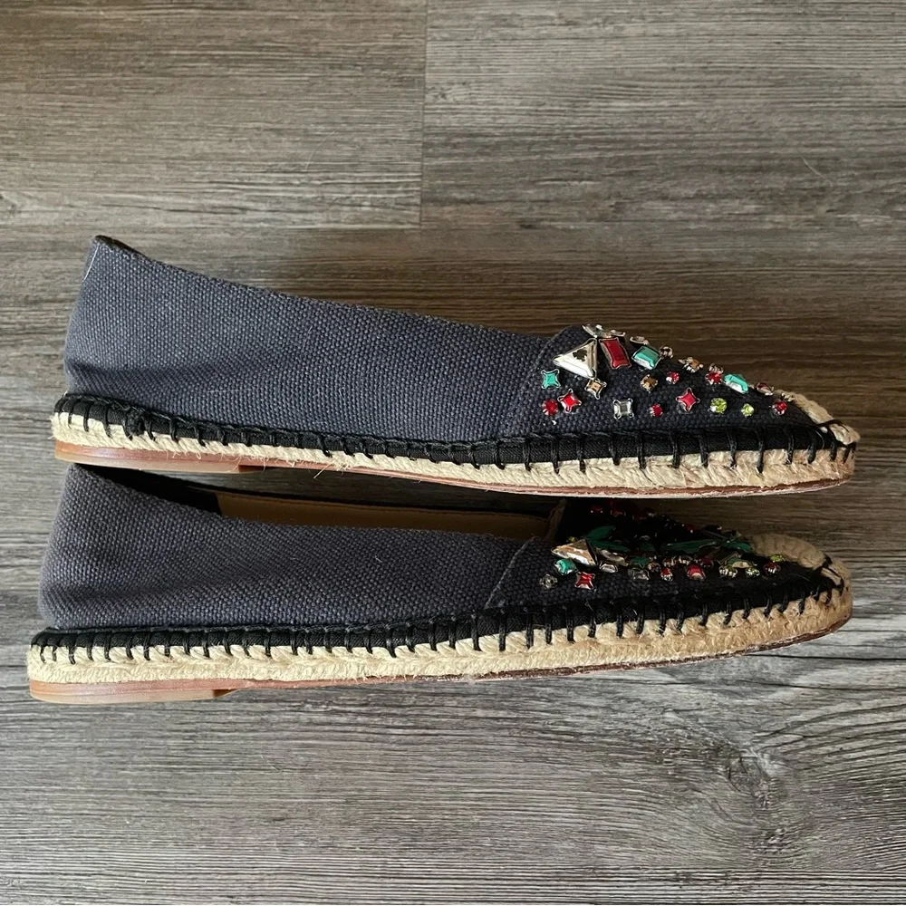 Brian Atwood Hardesty Navy Blue Jeweled Espadrilles Flats Shoes 6.5